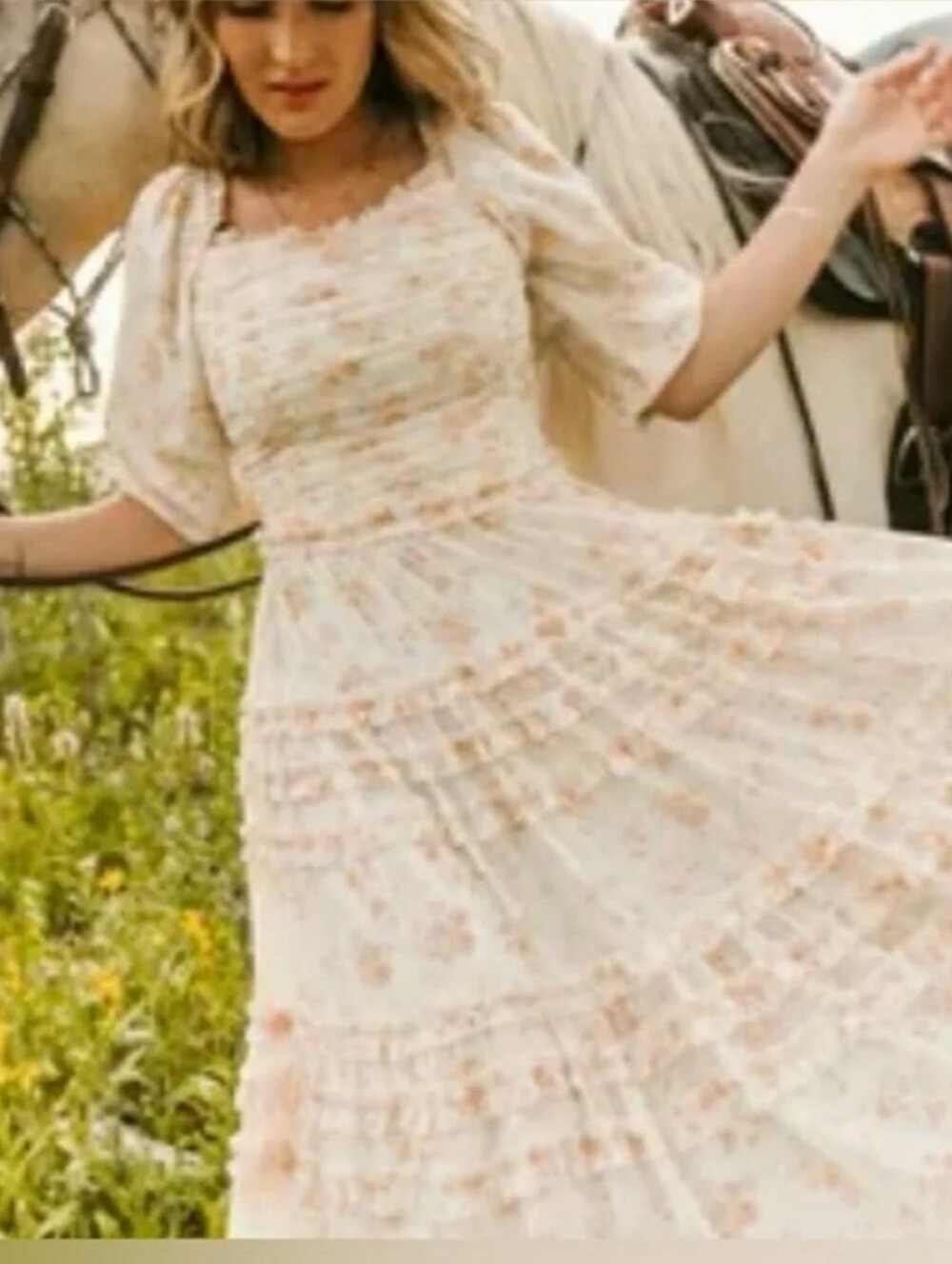 IVY City Romantic Cream & Blush Floral Ruffle Maxi Dress Sz.1X